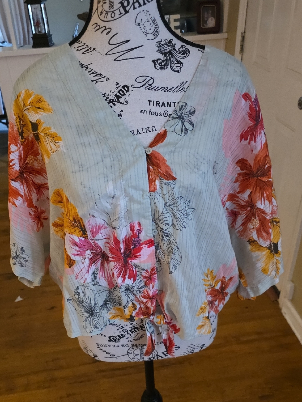 Express Floral Tie-Front Button Top in White with Pink, Orange & Yellow Flowers